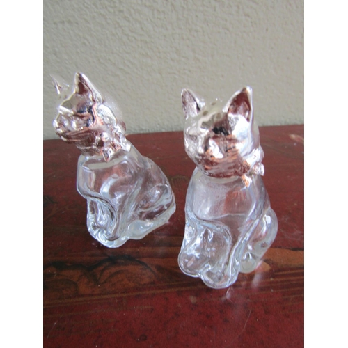 374 - Pair of Silver Plated Cat Motif Crystal Salt and Peppers Each Approximately 3 Inches High