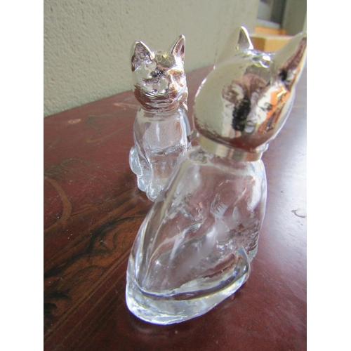 374 - Pair of Silver Plated Cat Motif Crystal Salt and Peppers Each Approximately 3 Inches High