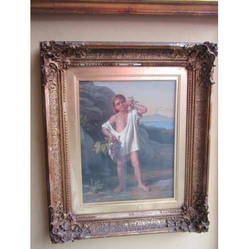 Victorian Italian School Portrait of Boy Eating Grapes with Volcano Beyond Oil on Canvas 12 Inches High x 10 Inches Wide Contained within Original Gilded Frame