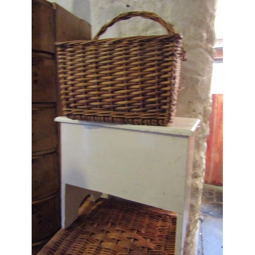 44 - Wicker Laundry Basket, Wicker Garden Basket and Pine Stool Three Pieces in Lot
