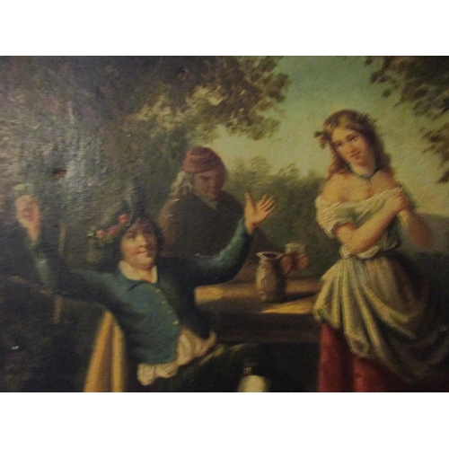 46 - Antique Oil Painting Figures Garden Tavern Approximately 14 Inches High x 10 Inches Wide