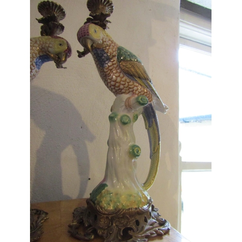 50 - Pair of Ormolu Mounted Porcelain Parrot Motif Candle Rests Each Approximately 16 Inches High