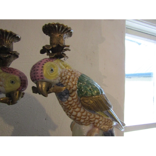 50 - Pair of Ormolu Mounted Porcelain Parrot Motif Candle Rests Each Approximately 16 Inches High