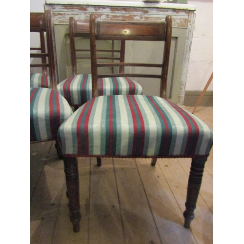 57 - Set of Six Regency Dining Chairs Mahogany Turned Supports Striped Upholstery Good Construction