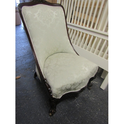 6 - Victorian Mahogany Framed Bedroom Chair Cream Damask Upholstery Cabriole Supports Serpentine Front