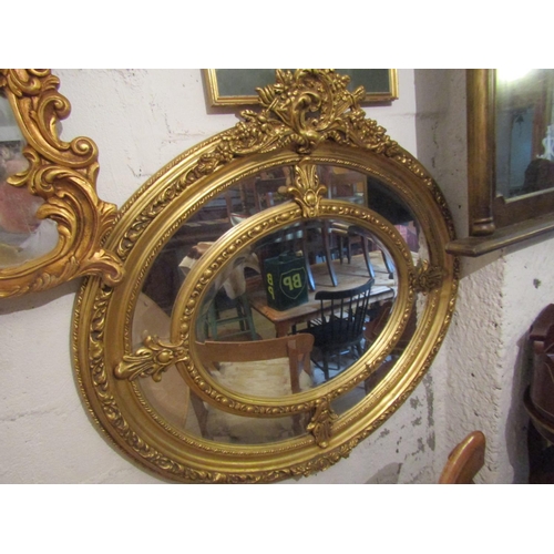 62 - Matching Large Gilded Oval Mirror Upper Cartouche Decoration Approximately 44 Inches Wide