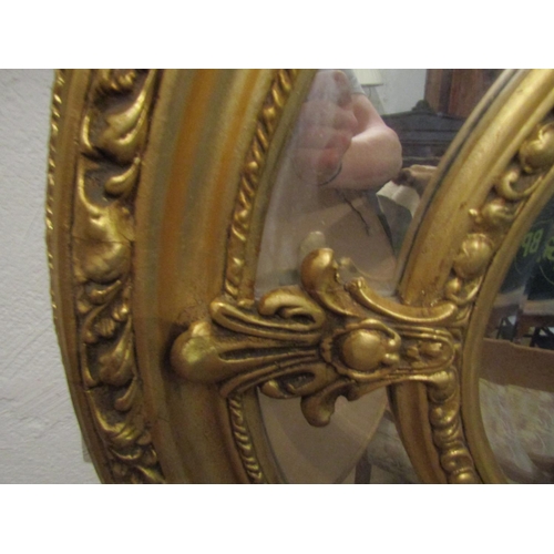 62 - Matching Large Gilded Oval Mirror Upper Cartouche Decoration Approximately 44 Inches Wide