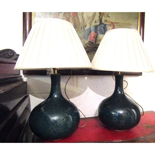 69 - Large Pair of Vintage Globe Form Speckled Green Table Lamps Ormolu Rimmed Bases Pleated Shades Each ... 