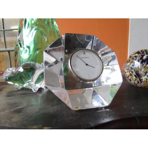 76 - Various Vintage Glass Pieces and Crystal Table Clock Quantity as Photographed Vase Approximately 17 ... 