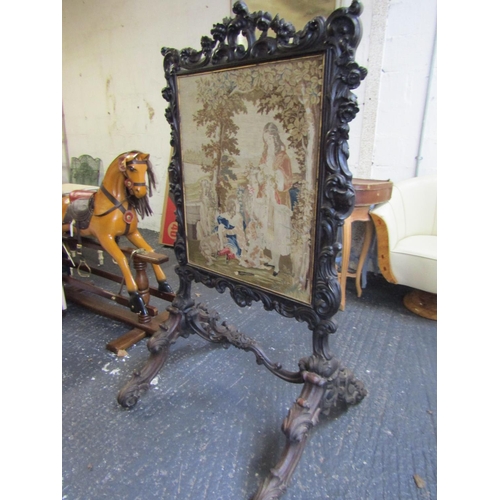 86 - Large William IV Irish Craved Fire Screen with Inset Tapestry Panel Approximately 5ft 8 Inches High ... 