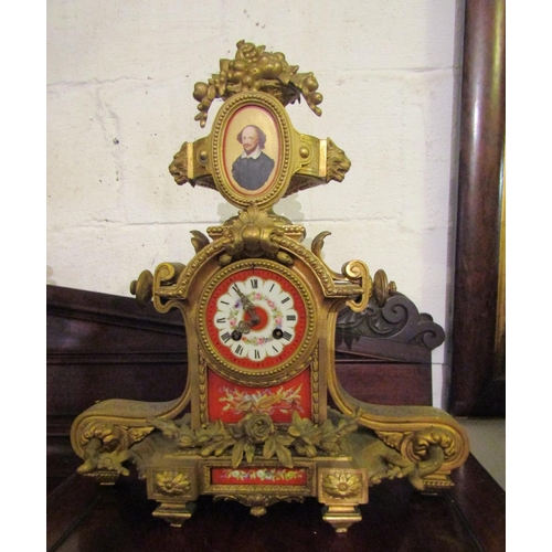 95 - Victorian Mantle Clock Ormolu Bound Inset Porcelain Panels Upper Portrait of William Shakespeare App... 