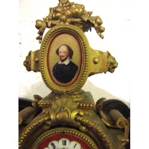 95 - Victorian Mantle Clock Ormolu Bound Inset Porcelain Panels Upper Portrait of William Shakespeare App... 