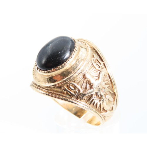 1320 - College Ring Oval Cut Cabochon Polished Onyx Centre Stone Detailed Band 9 Carat Yellow Gold Ring Siz... 