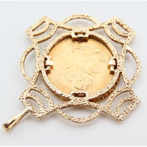 361 - Full Sovereign Dated 1886 Contained within Filigree Decorated 9 Carat Gold Pendant Mount Total Weigh... 