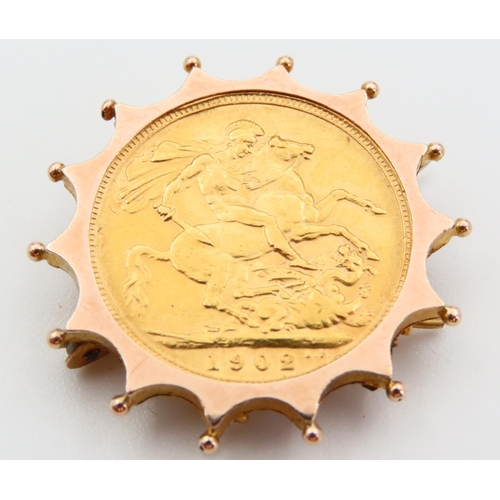 366 - Full Sovereign Dated 1902 Contained within 10 Carat Gold Mounted Brooch Fitting Total Weight 10 Gram... 