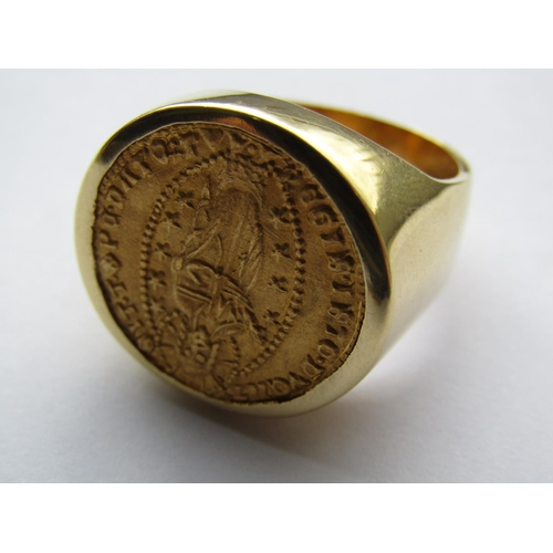 378 - Venetian 13th Century One Ducat Francesco Morosini Gold Coin Mounted within 18 Carat Gold Ring Size ... 