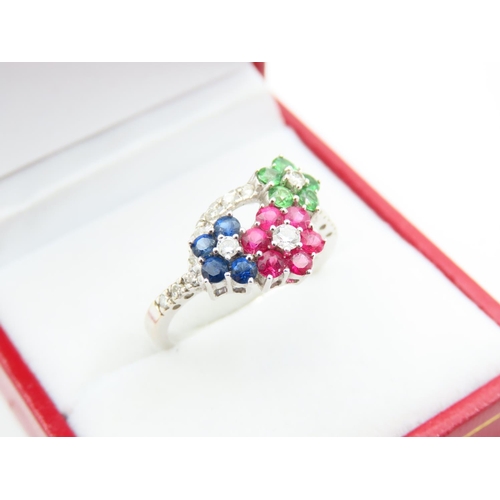 102 - Diamond, Ruby, Emerald and Sapphire 18 Carat White Gold Ring Size N and a Half