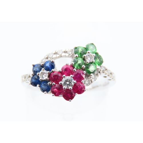 102 - Diamond, Ruby, Emerald and Sapphire 18 Carat White Gold Ring Size N and a Half