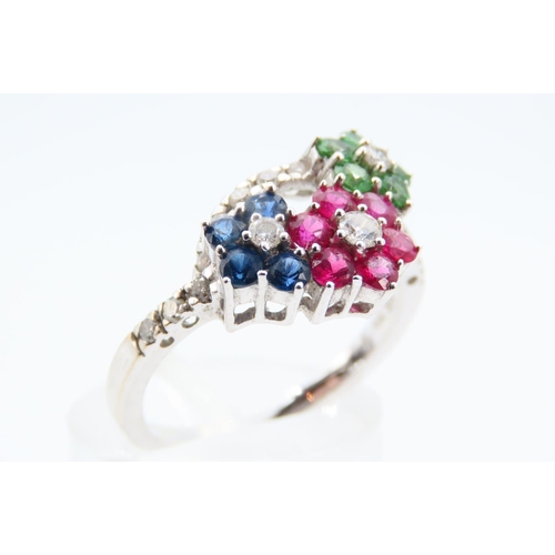 102 - Diamond, Ruby, Emerald and Sapphire 18 Carat White Gold Ring Size N and a Half