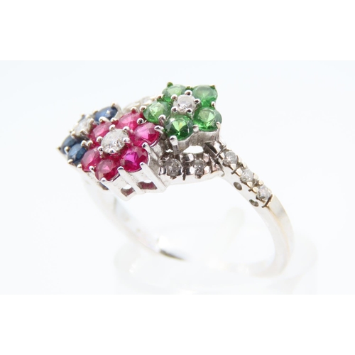 102 - Diamond, Ruby, Emerald and Sapphire 18 Carat White Gold Ring Size N and a Half