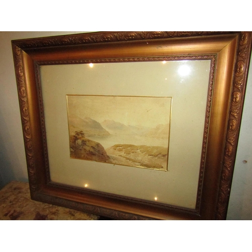 1025 - Victorian School Watercolour Lake Scene with Mountains Beyond Signed Lower Right Approximately 10 In... 