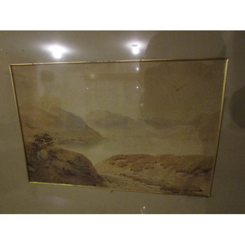 1025 - Victorian School Watercolour Lake Scene with Mountains Beyond Signed Lower Right Approximately 10 In... 