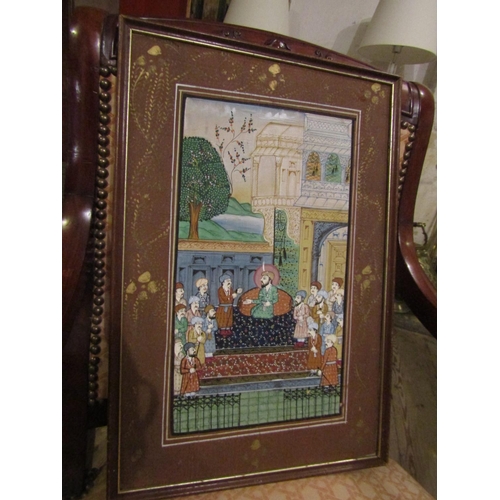 1027 - Persian School Gouache Court Scene with Temple and Tree Beyond Approximately 8 Inches Wide x 14 Inch... 