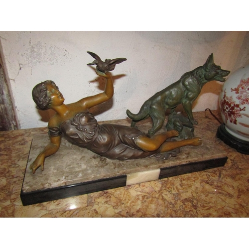 1032 - Art Deco Antique Sculpture of Lady and Alsatian Mounted on Marble Base Rectangular Form Approximatel... 