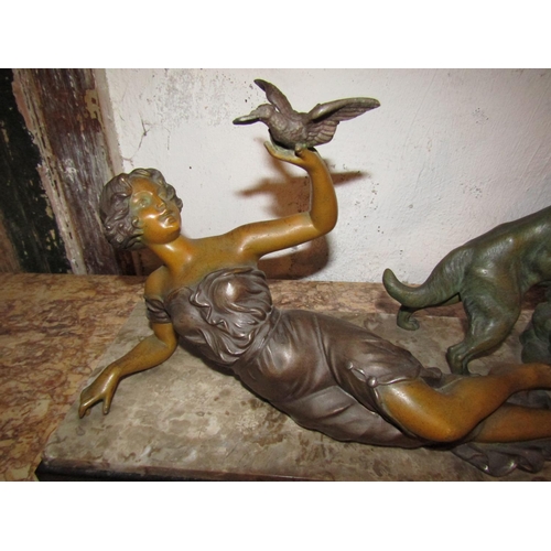 1032 - Art Deco Antique Sculpture of Lady and Alsatian Mounted on Marble Base Rectangular Form Approximatel... 