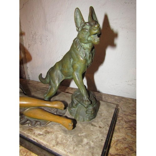 1032 - Art Deco Antique Sculpture of Lady and Alsatian Mounted on Marble Base Rectangular Form Approximatel... 