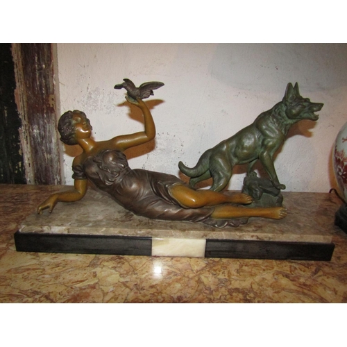 1032 - Art Deco Antique Sculpture of Lady and Alsatian Mounted on Marble Base Rectangular Form Approximatel... 