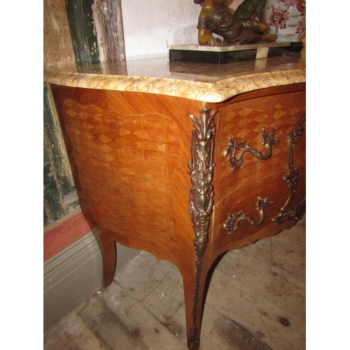 1033 - Marquetry Decorated Antique Serpentine Front Chest Marble Top Ormolu Mounted Attractively Detailed T... 