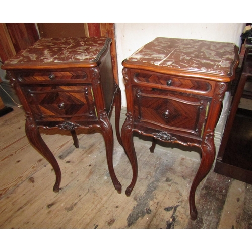 1037 - Pair of Victorian Rosewood Side Chest Marble Top Cabriole Supports Cupboard Door to Centre Section E... 