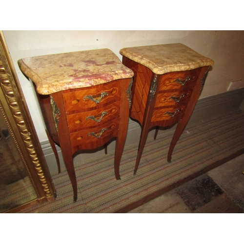 1038 - Pair of Kingswood Marquetry Decorated Ormolu Mounted Marble Side Lockers Each Approximately 12 Inche... 