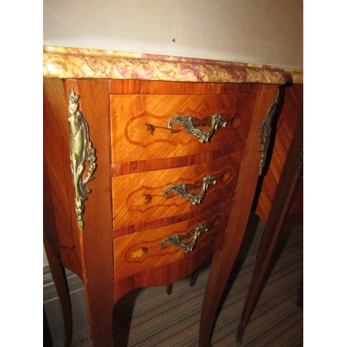 1038 - Pair of Kingswood Marquetry Decorated Ormolu Mounted Marble Side Lockers Each Approximately 12 Inche... 