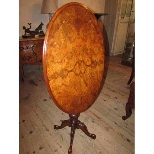 1039 - Early Victorian Figured Walnut Tip Up Wine Table Oval Form Well Carved Quatrefoil Base Approximately... 