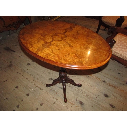 1039 - Early Victorian Figured Walnut Tip Up Wine Table Oval Form Well Carved Quatrefoil Base Approximately... 