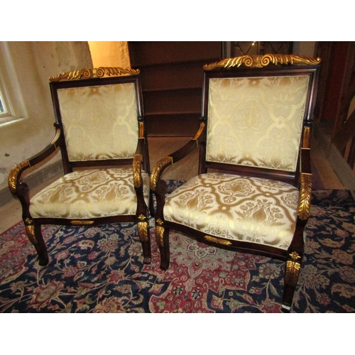 1044 - Pair of Generous Size Well Carved Mahogany Framed Gilt Decorated Armchairs Attractively Upholstered