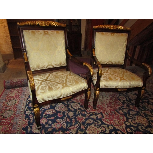 1044 - Pair of Generous Size Well Carved Mahogany Framed Gilt Decorated Armchairs Attractively Upholstered