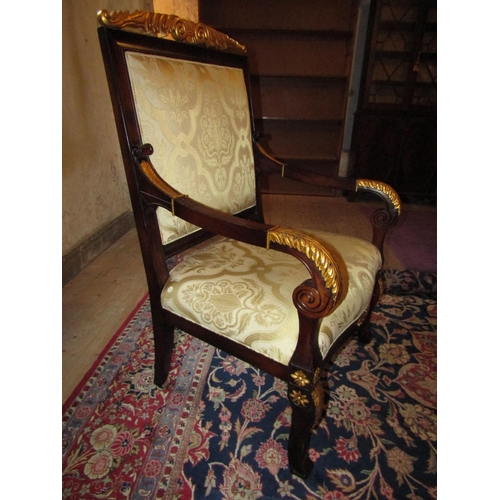 1044 - Pair of Generous Size Well Carved Mahogany Framed Gilt Decorated Armchairs Attractively Upholstered