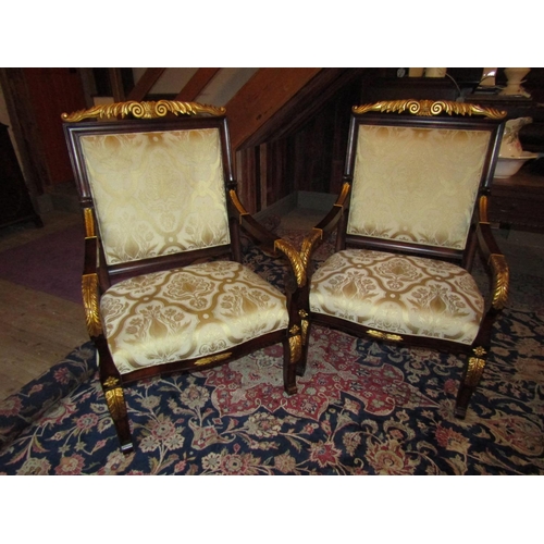 1044 - Pair of Generous Size Well Carved Mahogany Framed Gilt Decorated Armchairs Attractively Upholstered