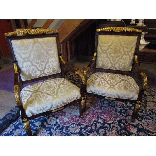 1044 - Pair of Generous Size Well Carved Mahogany Framed Gilt Decorated Armchairs Attractively Upholstered