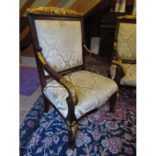 1044 - Pair of Generous Size Well Carved Mahogany Framed Gilt Decorated Armchairs Attractively Upholstered