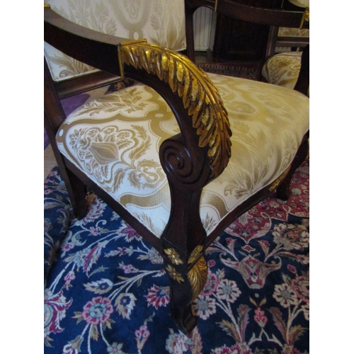 1044 - Pair of Generous Size Well Carved Mahogany Framed Gilt Decorated Armchairs Attractively Upholstered