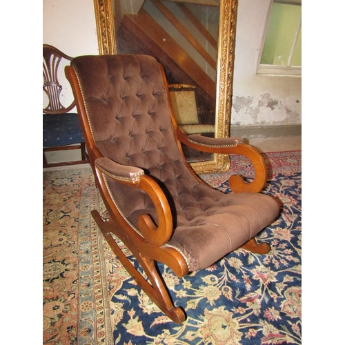 1047 - Deep Button Upholstered Mahogany Cross Frame Rocking Chair Good Construction