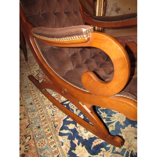 1047 - Deep Button Upholstered Mahogany Cross Frame Rocking Chair Good Construction