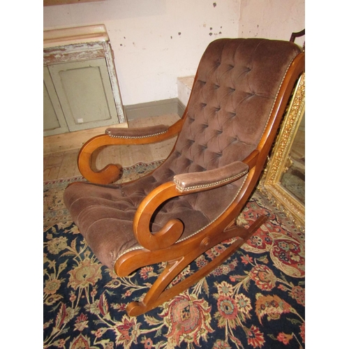 1047 - Deep Button Upholstered Mahogany Cross Frame Rocking Chair Good Construction