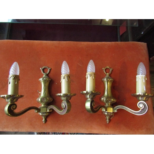 1048 - Pair of Twin Branch Cast Brass Side Wall Lights Each Approximately 10 Inches Wide x 8 Inches High