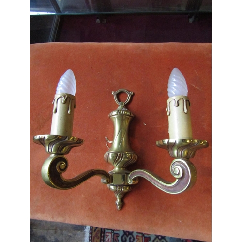 1048 - Pair of Twin Branch Cast Brass Side Wall Lights Each Approximately 10 Inches Wide x 8 Inches High