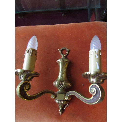 1048 - Pair of Twin Branch Cast Brass Side Wall Lights Each Approximately 10 Inches Wide x 8 Inches High